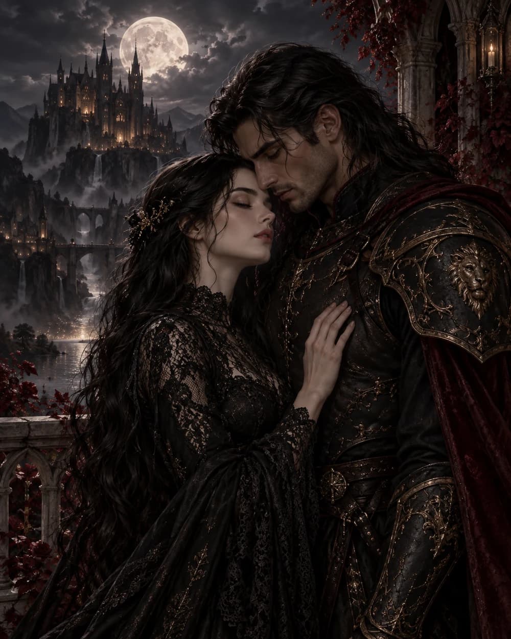 Two gothic fantasy lovers beneath moonlight